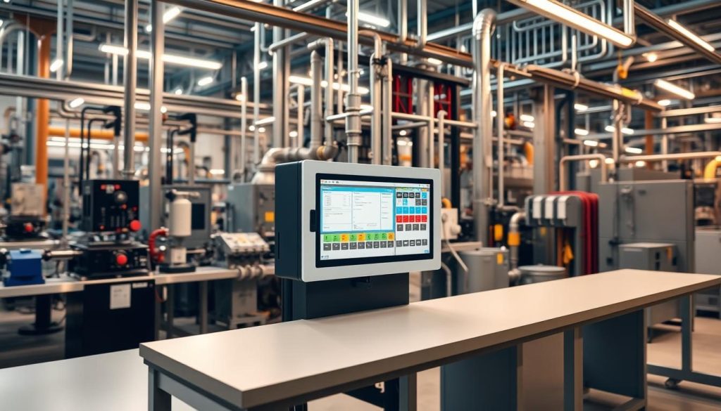 A detailed, high-resolution image of the Adiwarna Edwards Vigilant industrial control system installed in a modern manufacturing facility. The system is positioned prominently in the center of the frame, with a clean, well-lit workspace in the foreground and a complex, technical background of machinery, piping, and instrumentation. The Vigilant control panel is showcased, its sleek, professional design and intuitive user interface highlighted. Warm, neutral lighting illuminates the scene, creating a sense of order and precision. The overall atmosphere conveys the reliability, efficiency, and technological sophistication of the Adiwarna Edwards Vigilant system.