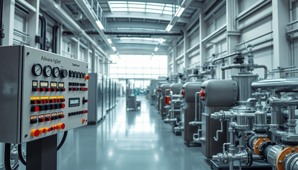 An industrial interior with sleek, modern engineering equipment. In the foreground, the Adiwarna branded Edwards Vigilant control panel stands prominently, its various dials, switches, and displays illuminated by soft, diffused lighting. The middle ground features rows of pipes, valves, and other industrial components, their metallic surfaces gleaming. In the background, high ceilings and expansive windows suggest a large, well-lit facility, with a clean and minimalist aesthetic. The overall atmosphere is one of precision, efficiency, and technological sophistication.