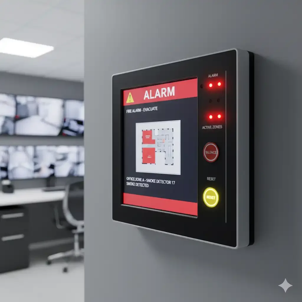 Panel kontrol fire alarm menampilkan sinyal deteksi asap dari smoke detector