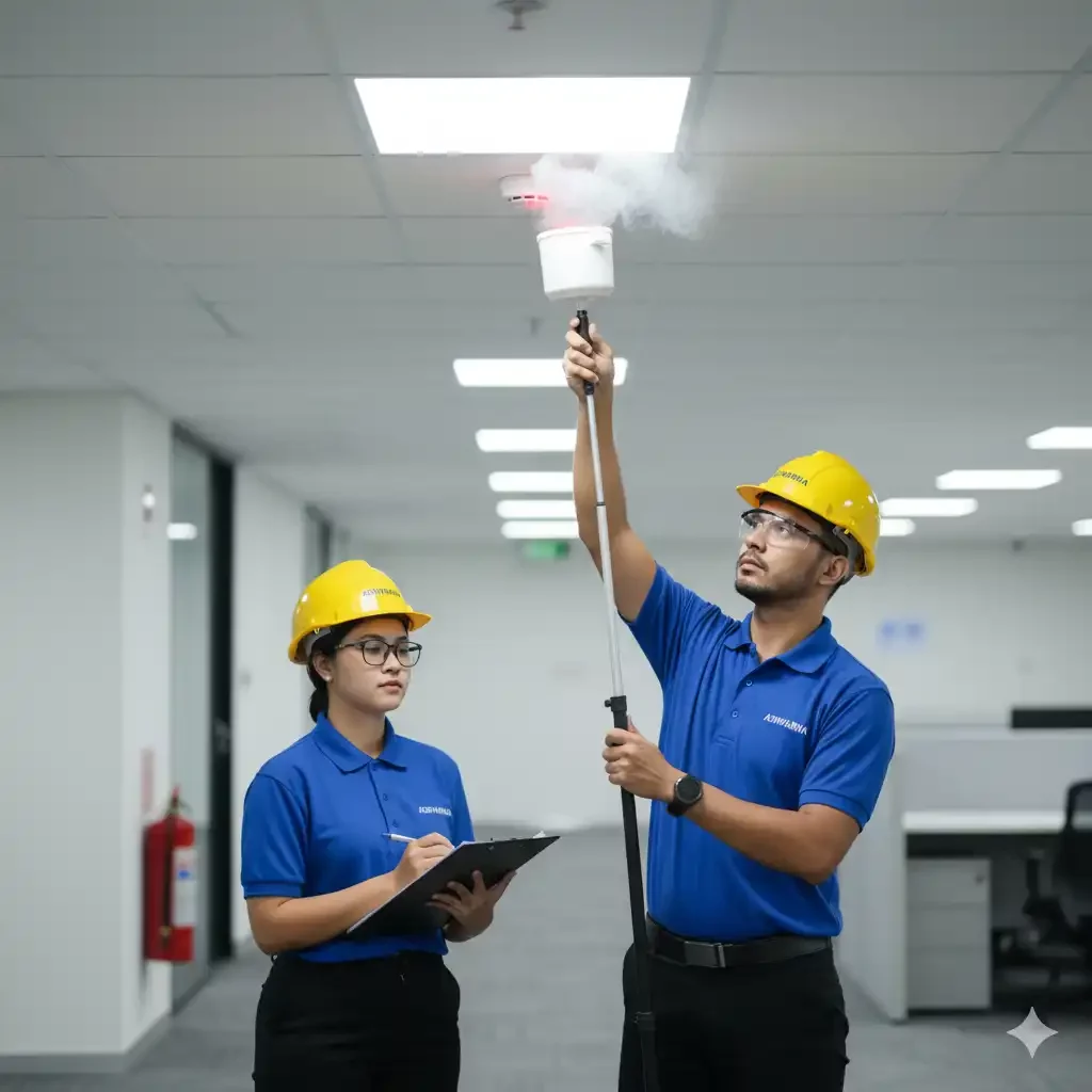 Pengujian dan maintenance smoke detector oleh teknisi Adiwarna Anugerah Abadi