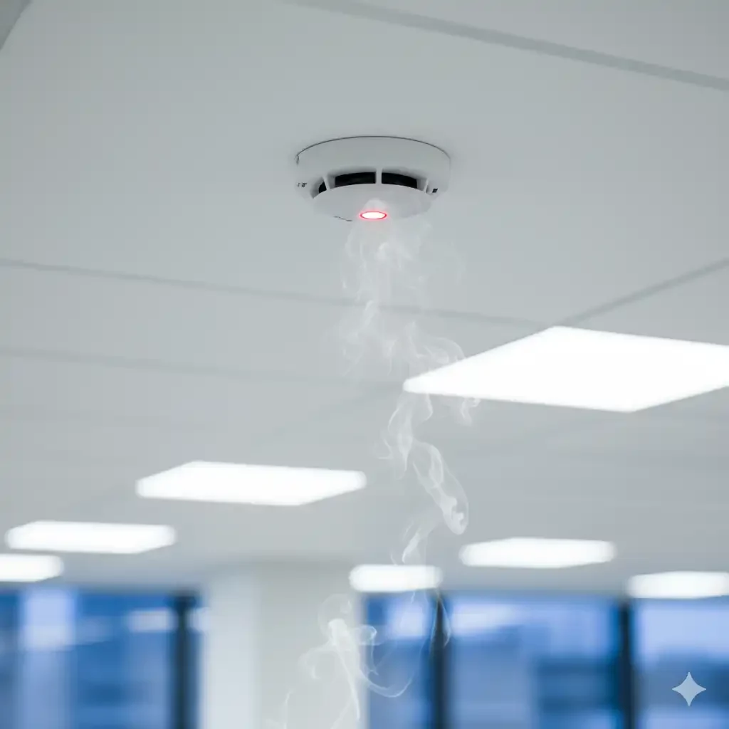 Smoke detector aktif di plafon gedung perkantoran