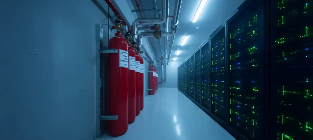 Instalasi sistem pemadam kebakaran inert gas di ruang server.