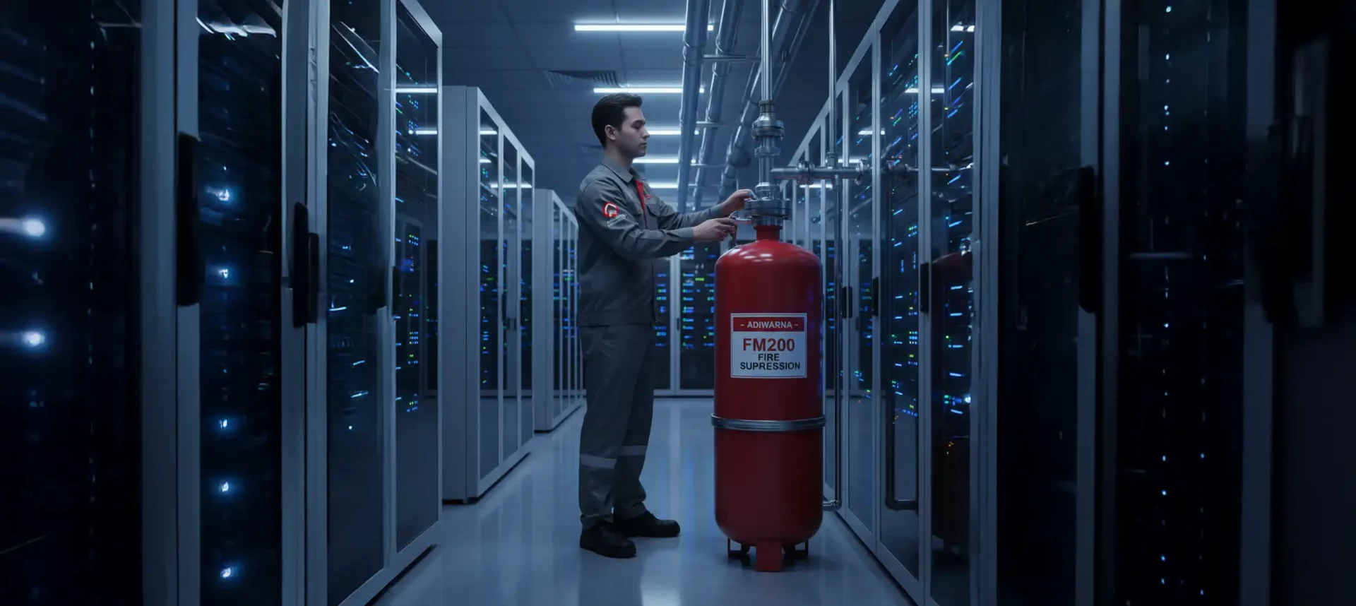 Pemasangan sistem FM200 oleh teknisi Adiwarna di data center.