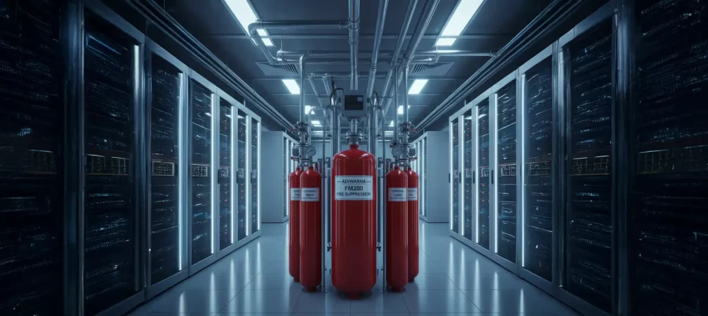 Sistem pemadam kebakaran otomatis Adiwarna di ruang server modern.