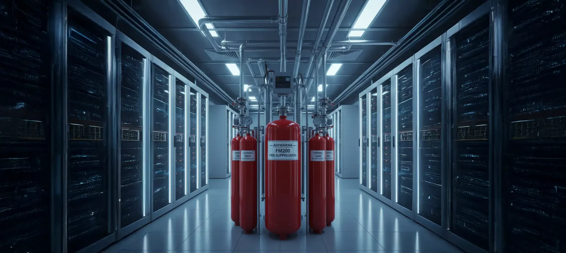 Sistem pemadam kebakaran otomatis Adiwarna di ruang server modern.