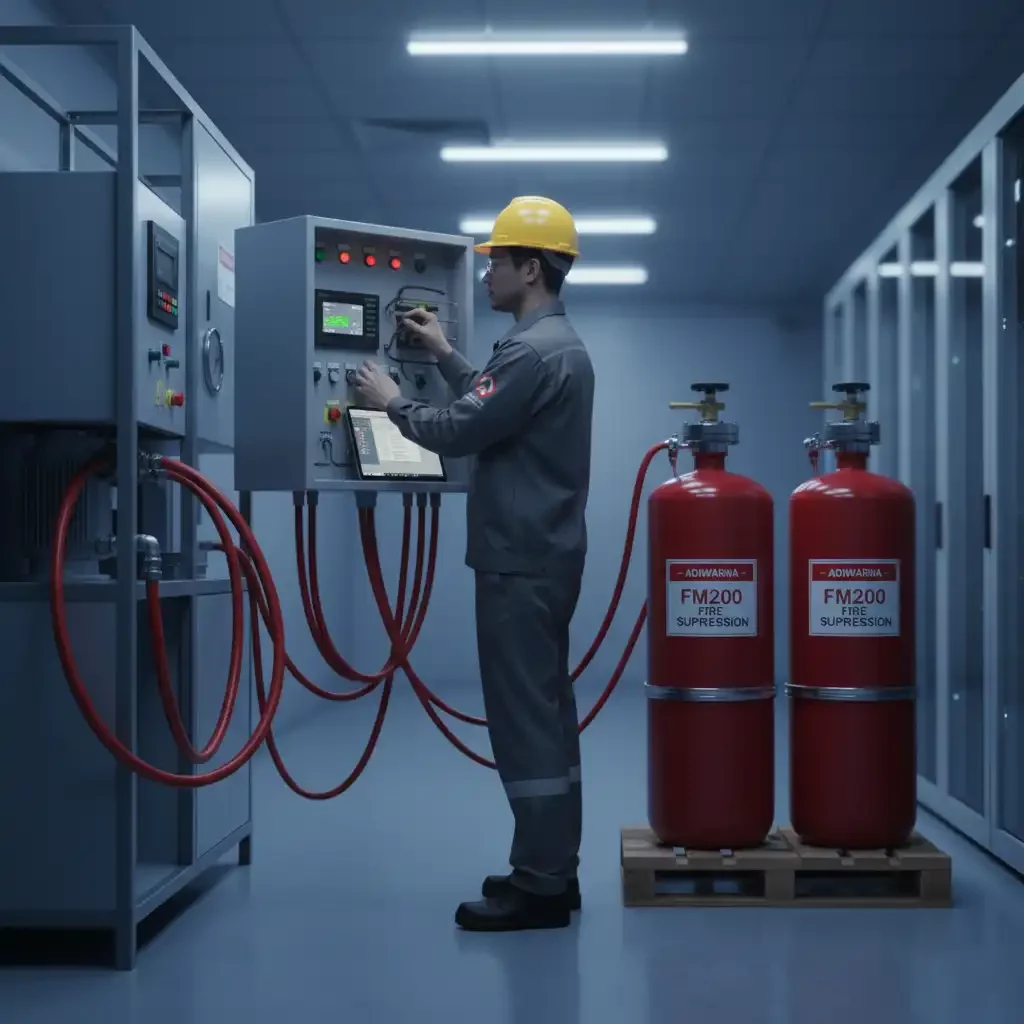 Teknisi melakukan kalibrasi sistem FM200 Adiwarna.