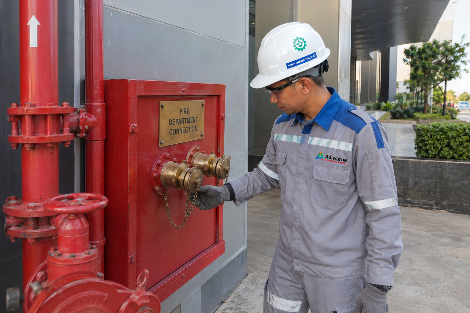 FDC Test: Teknisi Indonesia dengan atribut Adiwarna memeriksa Fire Department Connection pada gedung komersial