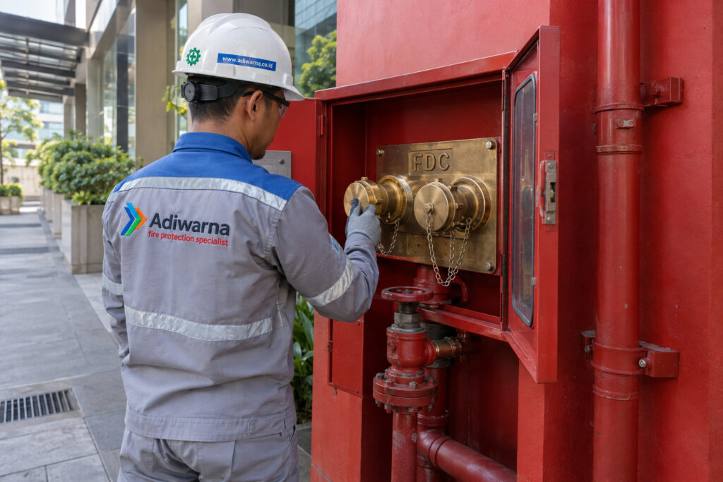 FDC Test: Indonesian technician with Adiwarna attributes inspecting a Fire Department Connection at a commercial building