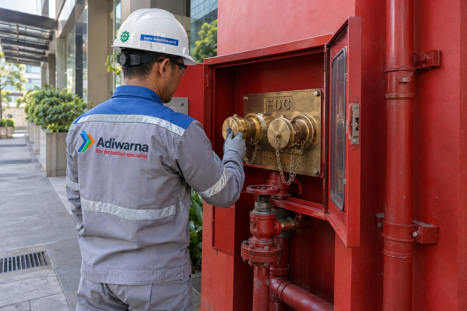 FDC Test: Indonesian technician with Adiwarna attributes inspecting a Fire Department Connection at a commercial building