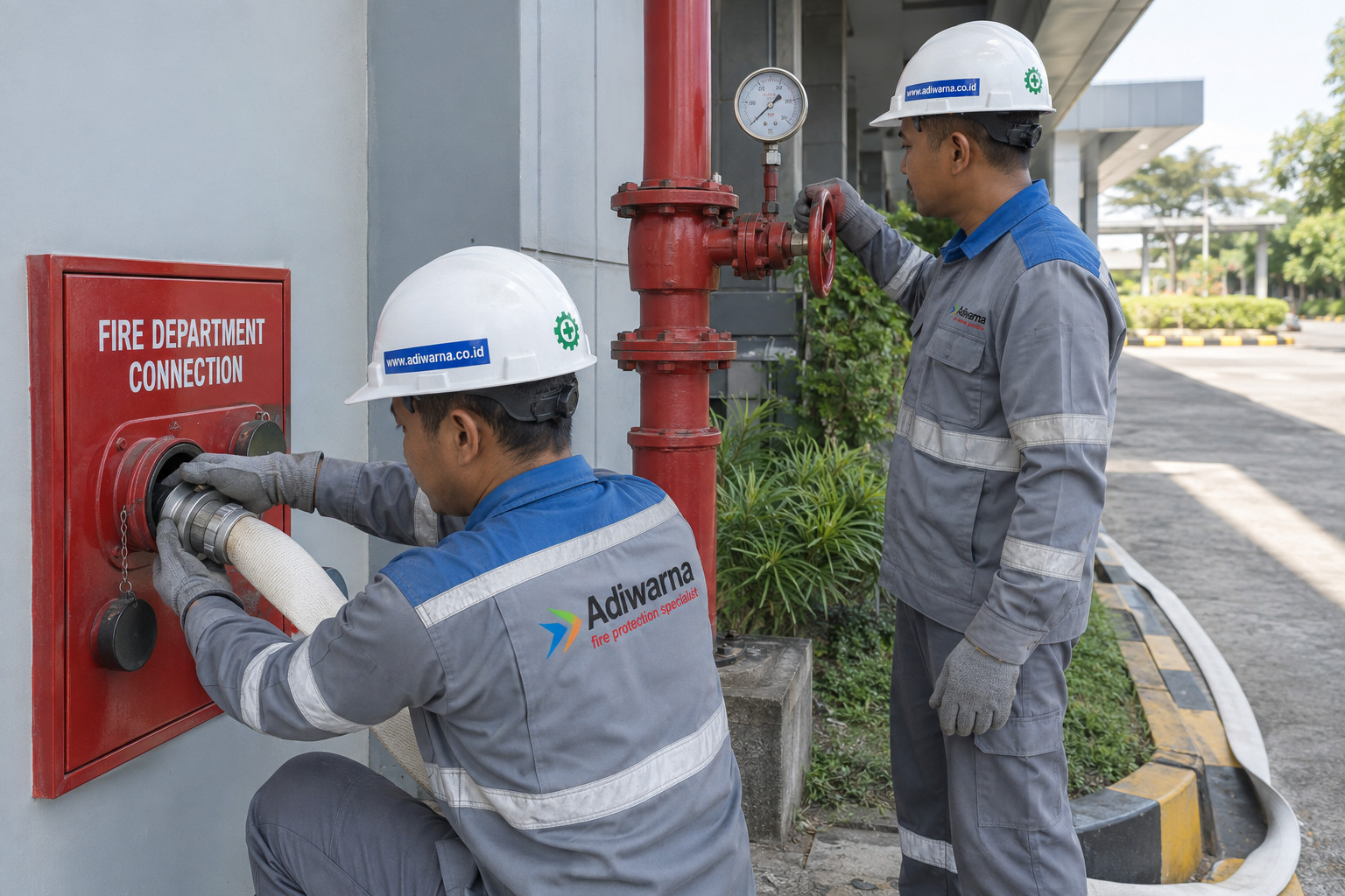 FDC Test: Acceptance test Fire Department Connection dengan hose, gauge, valve, dan teknisi Adiwarna