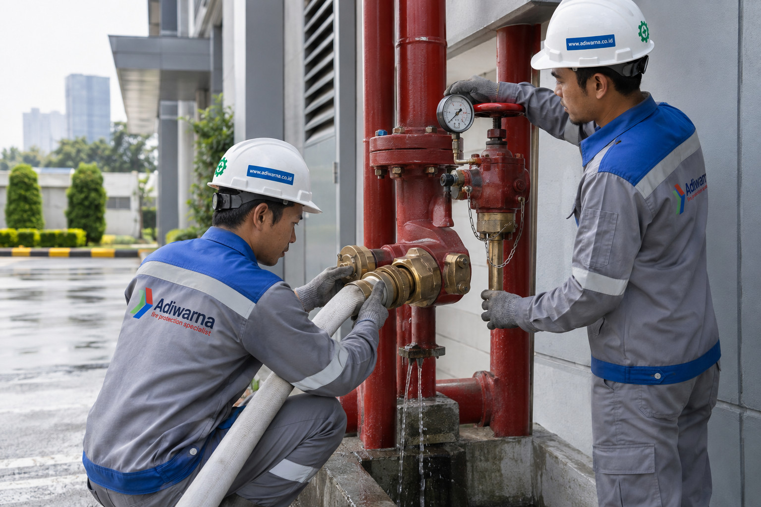 FDC Test FDC Test: Fire Department Connection acceptance test with hose, gauge, valve, and Adiwarna technicians