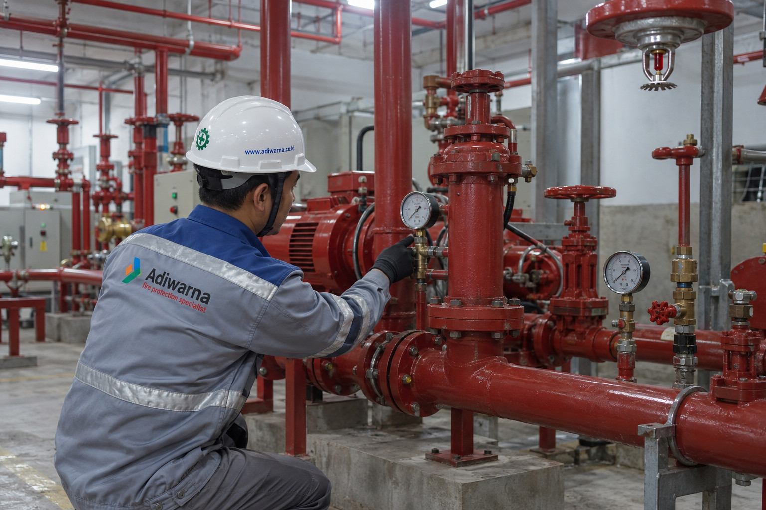 K Factor: Indonesian technician with Adiwarna attributes inspecting a sprinkler and fire-protection pipe