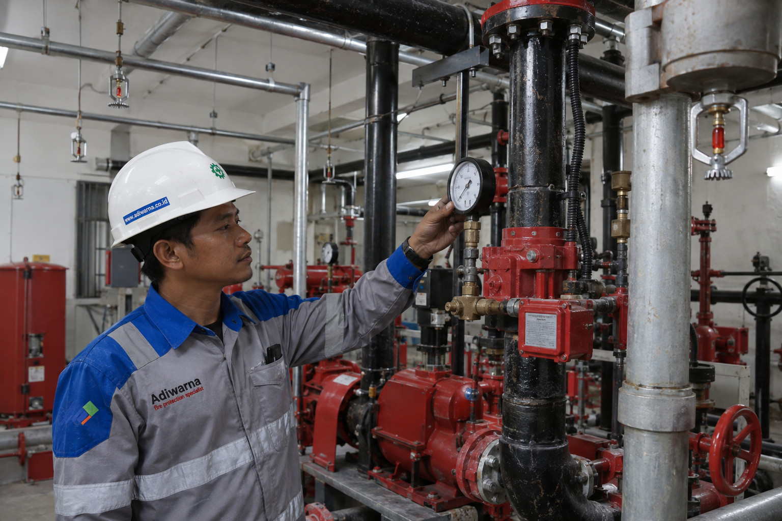 K Factor: Teknisi Indonesia dengan atribut Adiwarna memeriksa sistem sprinkler dan pipa fire protection