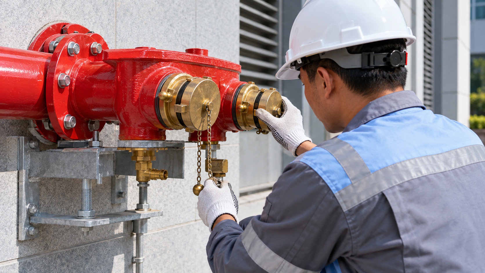 FDC Test: inspection of inlet, cap, swivel, clapper, drain, and mounting