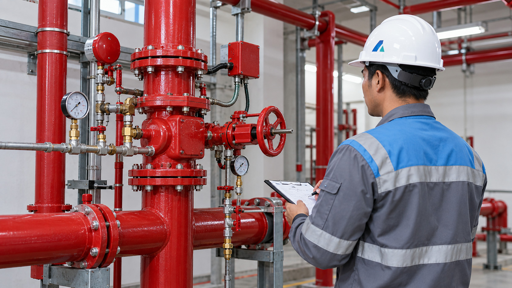 Sprinkler Zone: technician reviewing the area control valve and riser